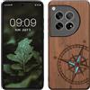 kwmobile Custodia Compatibile con OnePlus 12 Cover - Back Case in Legno con Bumper in Silicone TPU - Bussola Vintage Madreperla Marrone Scuro