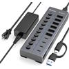 Xiaobi Hub USB alimentato, hub USB C a 10 porte con 6 porte USB-A 3.2, 4 porte USB-C 3.2, interruttori singoli e adattatore di alimentazione 12V/5A, prolunga USB in alluminio per MacBook, laptop/PC e