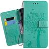 Ougger Custodia per Huawei P Smart 2019 Custodia, Portafoglio Pelle Magnetico Morbido Protettivo Silicone Flip Borsa Cover per Huawei P Smart 2019 con Porta da Visita, Gatto e Albero (Verde)