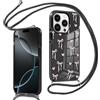 Krdvekm Cover per iPhone 16 Pro 6,3'' con Cordino, Aesthetic Fiocco Cuore Motivo Disegno Nero Silicone Ragazze Case Corda con Regolabile Laccio Antiurto Antigraffio Bumper Protezione Custodia