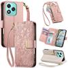 JIUNINE Cover per Honor 400 Lite, Custodia Libro PU Pelle Antiurto Portafoglio Donna, Slot per Carte, Stand Regolabile, Chiusura Magnetica, Motivo Floreale con Foglie in Rilievo, Rosa