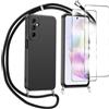 MQERYBV Cover per Samsung Galaxy A55 5G, con Pellicola Protettiva Vetro Temperato Custodia con Cordino Silicone Cellulare Girocollo Collana Necklace Protettiva Bumper Antiurto Case, Nero