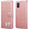 QLTYPRI Custodia per a portafoglio Premium Glitter PU pelle TPU Bumper Card Holder [cinturino da polso] Intarsiato Cuore Diamante Flip Cover Samsung Galaxy A51 - Oro rosa