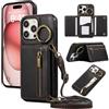 YANJIEER ESONG Cover per iPhone 16 Pro Portafoglio Case con Cordino Cinturino e Ring,Custodia A Libro In Pelle Flip Cerniera,Caso per Donna Con Porta Carte,Magnetica,Supporto Nero