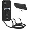 Beajew Custodia con Regolabile Collana per Motorola Moto G22, Slot Schede [360°Magnetica Anello Supporto] [Protezione Fotocamera] Cordino Collana Necklace Silicone Case- Nero