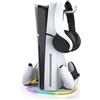 AARONMEI Supporto per versione disco/digitale PS5 Slim, stazione di ricarica per doppio controller PS5, fantastico supporto verticale RGB con 2 interfacce USB 2.0, supporto per cuffie, viti. (Bianco)