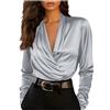 GMQWRK Camicetta avvolgente con scollo a V da donna, elegante camicia a maniche lunghe in raso setoso elegante increspato incrociato sul davanti pullover drappeggiato in seta senza colletto per