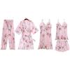 GUOCU Pigiama Raso Sexy Cinque Pezzi Donna con Stampa Floreale,Camicie da Notte Estiva in Pizzo con Scollo V,Indumenti da Notte+Vestaglie+Canotta +Pantaloni Lunghi e Pantaloncini+Abiti Set 5 Pezzo B M