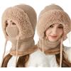 Jeeeun 3 in 1 Beanie Hat with Scarf And Mask for Women, Windproof Knitted Balaclava for Skiing, Hiking, And Cold Weather (Khaki)