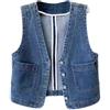 Generisch Gilet di jeans da donna, senza maniche, taglie grandi, per il tempo libero, estivo, in jeans, con scollo a V, con tasche, stile vintage, in denim, Blu, 3XL