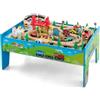 GYMAX Tavolo e Set Ferrovia in Legno, Set Gioco Colorato da 80/84 Pezzi con Piano Reversibile, Cassetto, Binari, Treni, Figure, Macchinine, Tavolo Giocattolo Educativo per Bambini 3 Anni+ (Stile 2)