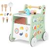 GYMAX Girello per Bambini in Legno 6-in-1, Carrello Primi Passi con Blocchi e Accessori in 9 Parti, con Fornello, Cucina Giocattolo Montessori con Ruote, per Bambino 1 Anno + (Verde)