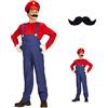 CARTOON GROUP Costume super idraulico cosplay Mario travestimento Carnevale salopette maglia cappello e baffi vestito festa in maschera per ragazzi 11-13 anni