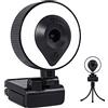 RERBO Webcam 2K con anello luce microfono HD Streaming Webcam AutoFocus con treppiede Luminosità regolabile per PC Videoconferenza/chiamata/insegnamento/Gaming Laptop/Desktop Mac Zoom/Skype