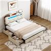 KeepGoon Letto matrimoniale 160 x 200 cm con luce LED e porta USB, letto imbottito con 4 cassetti in ferro, vano contenitore nella testiera, rete a doghe, tessuto in flanella, Beige