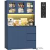 FirFurd Credenza Cucina,Mobile Dispensa Cucina a Luci a LED e Prese Blu | Credenza Cucina Alta,Ante In Vetro Trasparente Visibile,Ripiani Regolabili/Rimovibili,per Cucina, Soggiorno,180x100x38,5cm