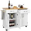 KOMFOTTEU Carrello da cucina a isola con piano di lavoro, carrello da portata in legno con ruote bloccabili, trolley da cucina con 2 cassetti/portasciugamani/doppia porta, mobile da cucina (bianco)