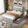 Autheria Letto Singolo 90x200 cm con Contenitore, LED e 2 Cassetti - Imbottito con Testiera e Vano Portaoggetti - Rete a Doghe - Struttura per Bambini