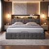 QMTXBYJ Letto matrimoniale con contenitore 140x190 con LED e USB, Letto imbottito 140x190 con contenitore idraulico, letto funzionale,Struttura letto con ripostiglio testiera e rete a doghe,Lino