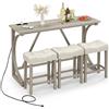 RELAX4LIFE Set di Tavolo e 3 Sgabelli da Bar, Tavolo da Pranzo in Legno di Gomma con Stazione di Ricarica Integrata, Stile Fattoria, Set di Tavolo da Pranzo, 150x48x92cm