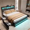 JYNVO Letto Imbottito 140x200 cm con 4 Cassetti Salvaspazio, Testiera con Luci LED Smart e Porte USB/Type-C, Struttura in Lino Grigio con Rete a Doghe, Carico 340kg, Materasso non incluso