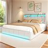 Zorvani Letto imbottito 180 x 200 cm con LED, letto matrimoniale con 4 cassetti e funzione di ricarica USB, struttura del letto con rete a doghe, letto piazza e mezza, tessuto di lino