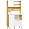 HOMCOM Dispensa da Cucina in Truciolato e Legno di Pino con Armadietti, Cassetti, Ripiani Regolabili e Appendino, 93x40x180 cm, Bianco e Color Legno