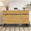 Moimhear Credenza a 3 ante effetto legno con gambe in metallo, molto spazio, adatta per soggiorno, sala da pranzo (legno e nero, 140 x 40 x 75,5 cm)