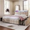 PUGSDRLY 160 x 200 cm letto matrimoniale con caricatore USB testiera LED tappezzata con 4 cassetti letto portaoggetti doghe in legno massiccio telaio letto adulto per camere da letto e camere degli