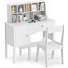 GYMAX Set Scrivania e Sedia per Bambini, Set in Legno con 8 Scomparti, Grande Armadio e Cassetto, Sedia con Schienale Ergonomico, Set Tavolo da Studio per Scuola, Cameretta, Casa, Bianco