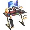 Rcynview Scrivania Gaming Ergonomica, Tavolo da Computer Grande Scrivanie pc in Fibra di Carbonio, Postazione Gaming con Supporto Monitor, Gamepad, Cuffie e Porta Bevande, 100x54.5x75cm Tavolo Gaming, Nero
