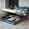 WOBOPCG Letto Matrimoniale con Contenitore 140x200, Letto Imbottito con LED Letto Contenitore con Presa USB Letti una Piazza e Mezza con contenitore Struttura Letti con Testiera Imbottita (Grigio + Lino-A)