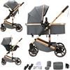 Shineey Passeggino trio,Carrellino per Bebè città 22kg con sedili,Passeggino pieghevole con vista alta,Buggy combinato pneumatici in gomma e vagone per bebè in alluminio (H9DARK GREY, H9)