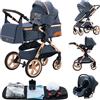YAZOCO Passeggino 3 in 1 Carrozzina Multifunzionale Carrozzina Ovetto Pieghevole Set Passeggino Neonato Sedili Parapiedi Zanzariere Vista Dall'Alto (5 Blu)