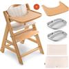 hauck Seggiolone Set Alpha+ Move - Seggiolone Pappa Legno con Ruote - Sediolone Pappa Bimbi con Vassoio e Cuscino - Sedia Evolutiva con 2 Piatti in Silicone - Legno, beige