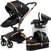 Dziranam Passeggino 3in1 in pelle PU rotabile 360° con modalità culla | Pieghevole con un clic & Convertibilità da neonato a toddler(Nero)