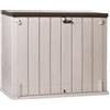 TOOMAX Stora Way Plus XL Baule da 1270L portattrezzi effetto legno grigio talpa/marrone in plastica resistente 145x85x124,5h, porta bidoni spazzatura, chiusura a chiavistello, ideale per giardino