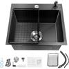 Zoobotanica Lavello in acciaio inox, 45 x 40 cm, colore nero, con scolapasta e dispenser di sapone, 1 vasca, lavello da incasso, lavello in acciaio inox, lavello per la cucina di casa, con tubo di scarico
