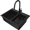 CECIPA Lavello nero con rubinetto estraibile 60 x 45 cm, lavello da cucina in granito, lavello da cucina con cestello, lavandino da cucina con sifone scarico e troppopieno