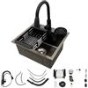 Poyujkyhr Lavello da cucina in acciaio inox, 45 x 40 cm, con rubinetto, nero con rubinetto estraibile (2 tipi di getti) e scolapiatti e dispenser per sapone, lavello multifunzione