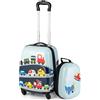 GYMAX Set di Valigia per Bambini, Trolley Bagaglio di 2 Pezzi a Mano Cavalcabile con Cinghia e Tracolla, Valigia Rigida con Ruote e Zaino, Regalo per Bambino e Bambina (12+16, Aereo Auto)