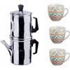 mille idee Caffettiera Napoletana3 tazze in Alluminio + Set 3 Tazzine da Caffè in Ceramica - Tradizionale Cuccumella per Caffè alla Napoletana - Manici Resistenti - Design Colorato