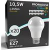 Eurocali 20 x Lampadine LED E27 10.5W Opaca (1055 lumen equivalenti a 75W) - Forma: Goccia A60 - Luce Bianco Caldo 3000K - Fascio Luminoso 200°