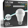Eurocali 10 x Lampadine LED E27 10.5W Opaca (1055 lumen equivalenti a 75W) - Forma: Goccia A60 - Luce Bianco Caldo 3000K - Fascio Luminoso 200°