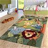 TT Home Tappeto verde per la camera dei bambini, con gli animali della giungla: giraffe, leoni, scimmie e ippopotami, Dimensione:Ø 120 cm Tondo