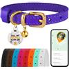 BRONZEDOG Collare per gatti in pelle con etichetta QR-ID rimovibile, collare per gattini con campane, anti-rottura, per ragazze e ragazzi (18-22 cm, viola e oro)