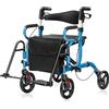 RELAX4LIFE 2 in 1 Deambulatore per Anziani, Sedia a Rotelle, Deambulatore con Seduta e 4 Ruote, Rollator Pieghevole in Alluminio Leggero, Portata Massima 160KG (Blu, 105 x 63 x 87-99 cm)