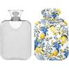 CHIFIGNO Borsa dell'acqua calda in stile siciliano con limoni e fiori blu, con coperchio, 1 l, trasparente, borsa dell'acqua calda per collo, spalle e gambe, sollievo dal dolore mestruale