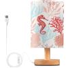 BOESI Lampada da tavolo con coralli tropicali, cavalluccio marino, lampada da comodino con base in legno e cavo USB per camera da letto, soggiorno