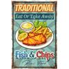 GLOBLELAND Targa in metallo vintage con scritta Traditional Eat or Take Away Fish Chips 12x8 Pollici decorazione artistica da parete per bar, club, ristorante, caffetteria